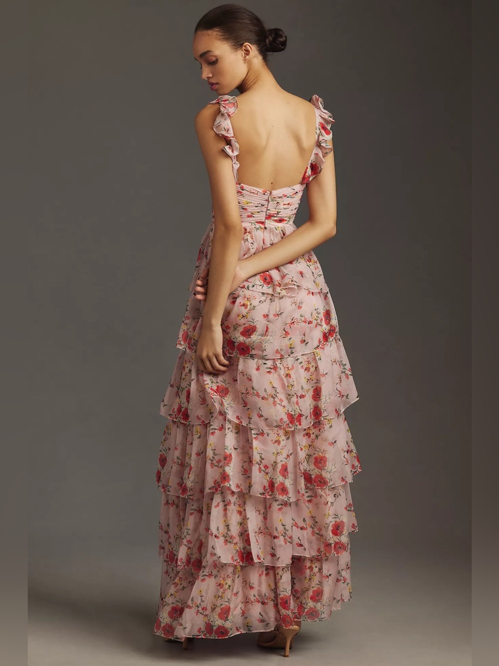 Anthropologie Mac Duggal Pink Floral Tiered Ruffle Maxi Dress size 4 - Picture 2 of 15